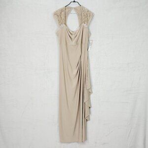 NEW R&M Richards Taupe Cream Ruffle Lace Detail Maxi Dress size 14W